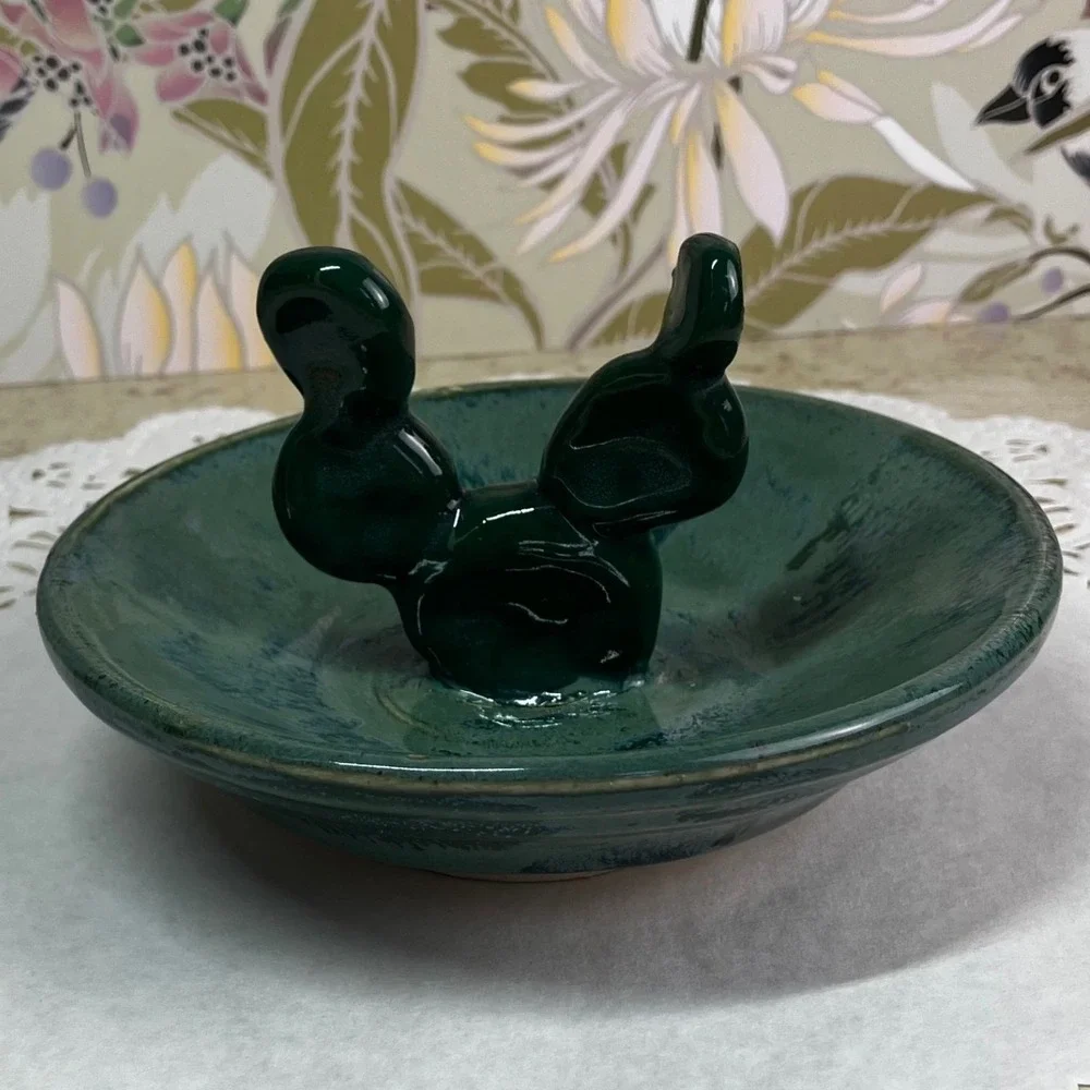 Studio Pottery Prickly Pear Ring Dish 4in Teal Green Handmade Ceramic Signed TCS